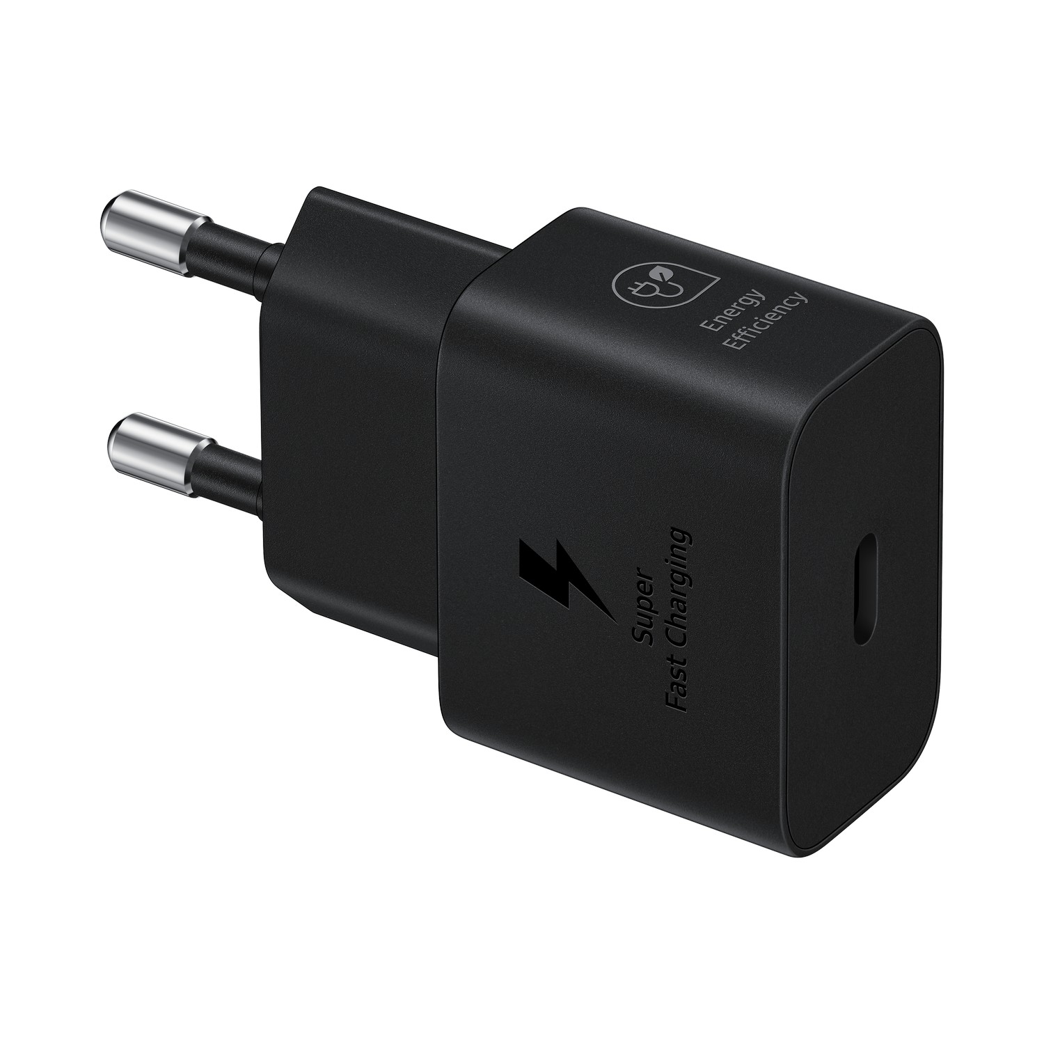 A black Samsung super fast charging adapter with two pins.