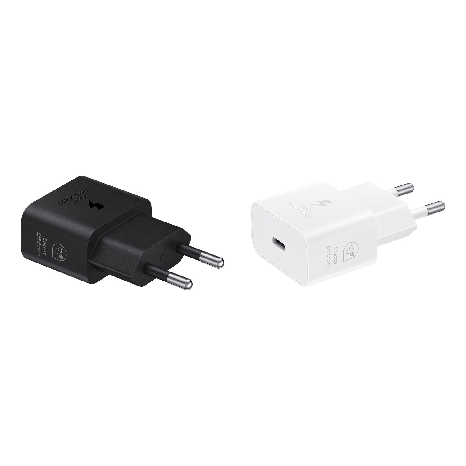 Two black and white fast charging adapters with prongs for US outlets.