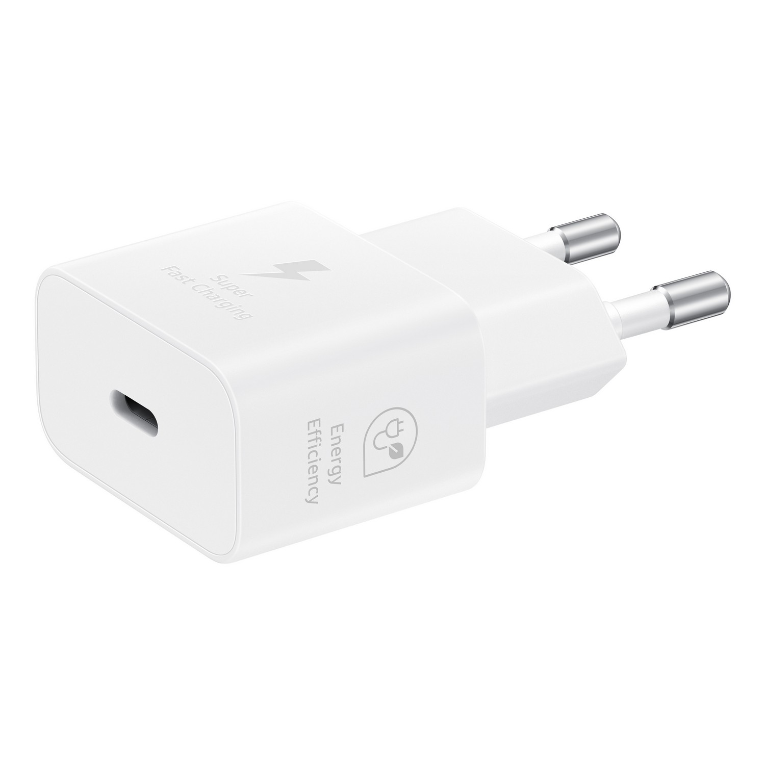 White Samsung charger. Has a USB-C port and two prongs.