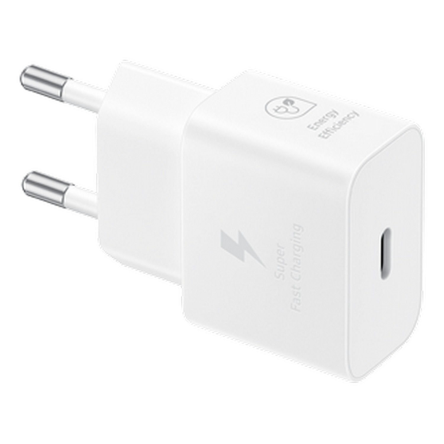 A white phone charger with two metal pins and a USB-C port. The charger has a logo.