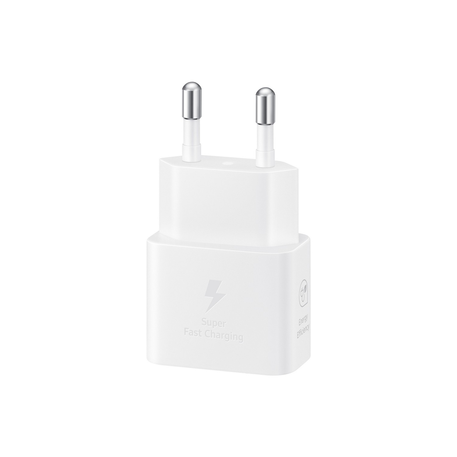 White charger with a charging sign and two silver prongs.