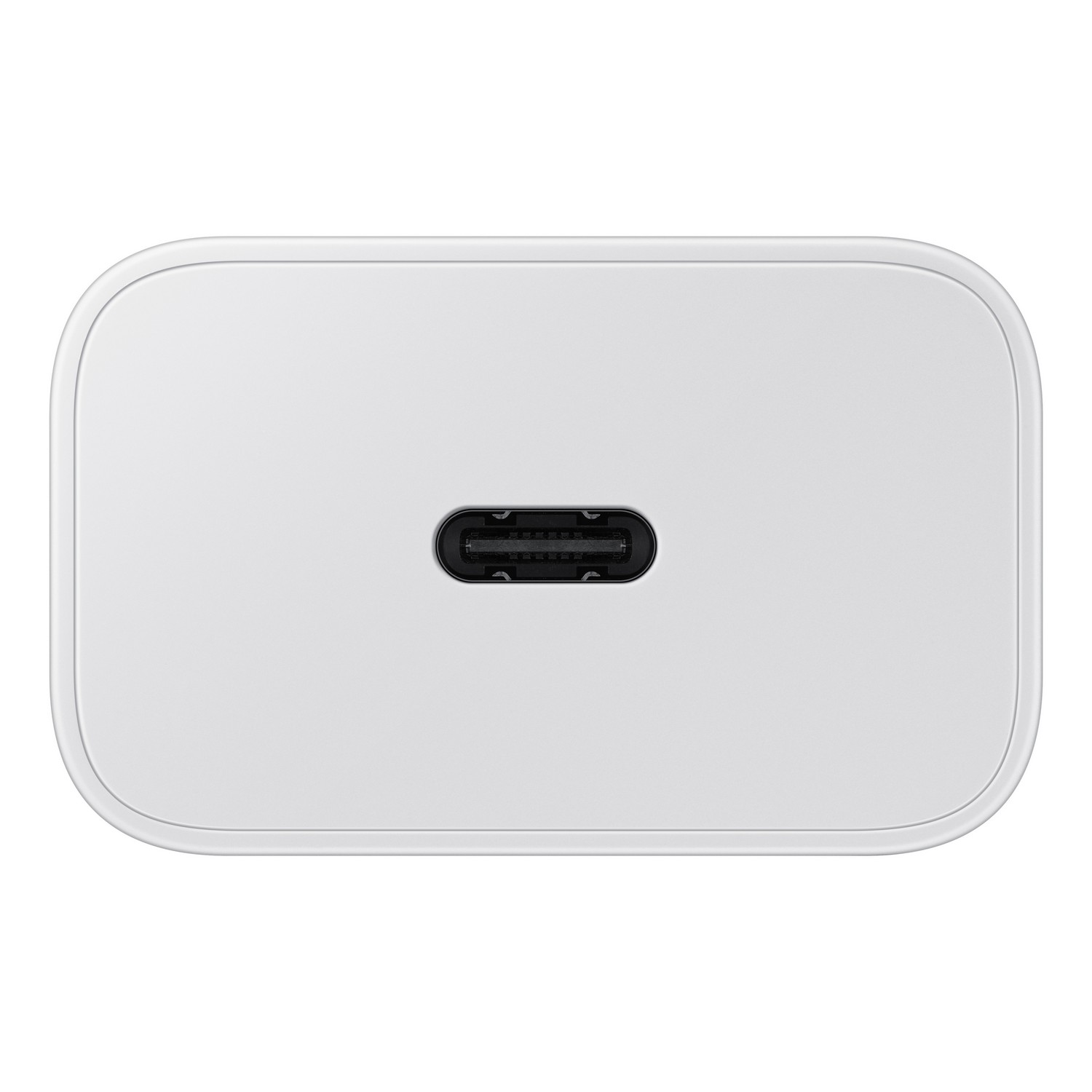 A white rectangular charger with a black USB-C port in the center, on a white background.