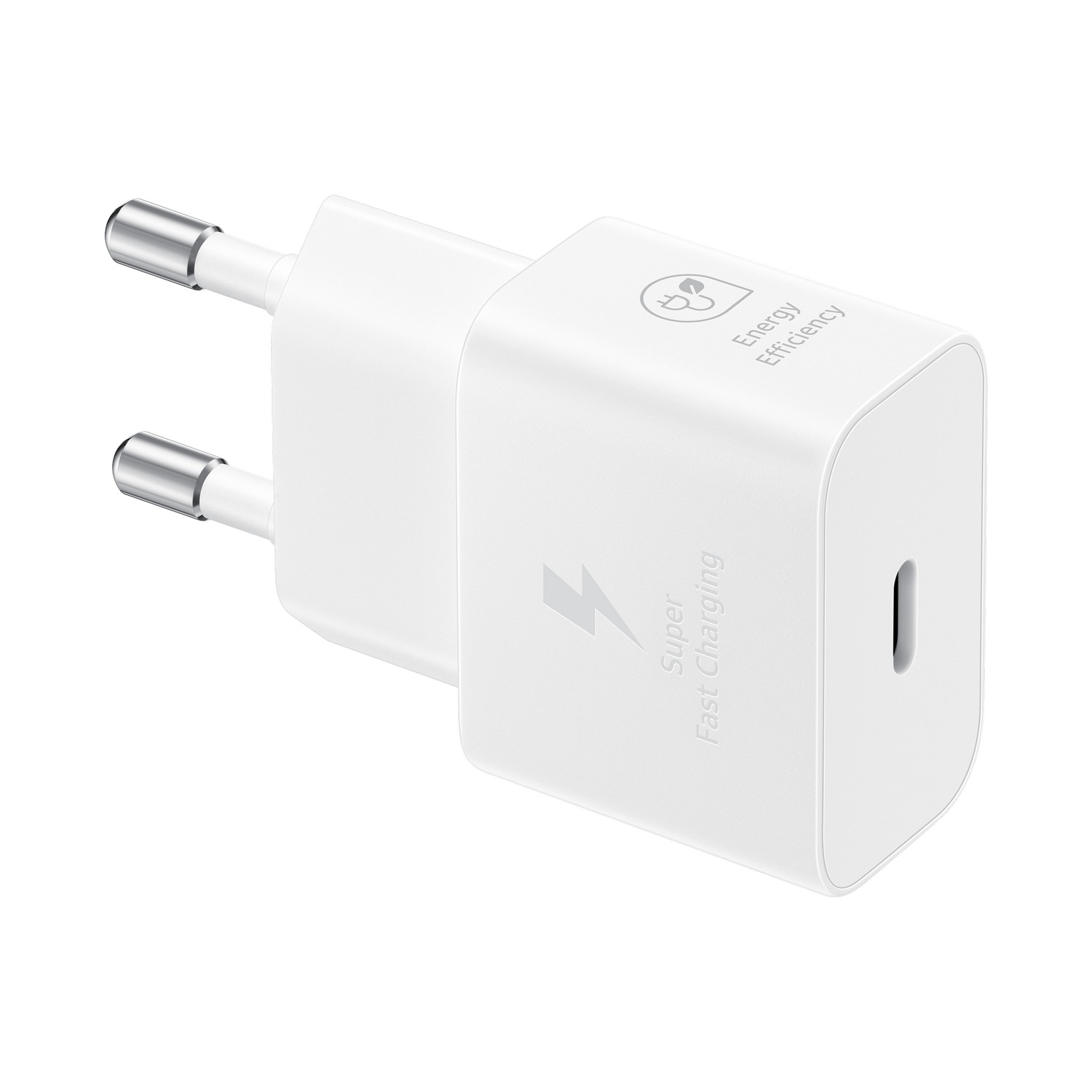 White charging adapter with two silver prongs on white background.