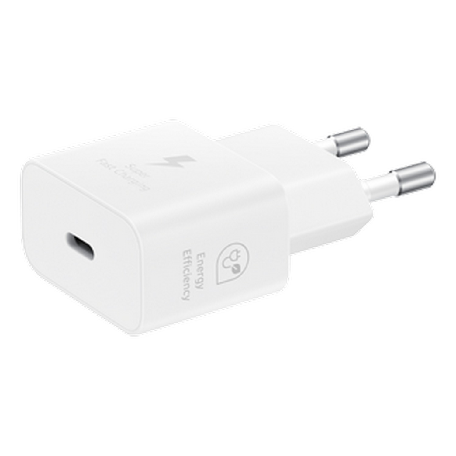 White Samsung fast charging adapter with a USB-C port and two-prong plug.