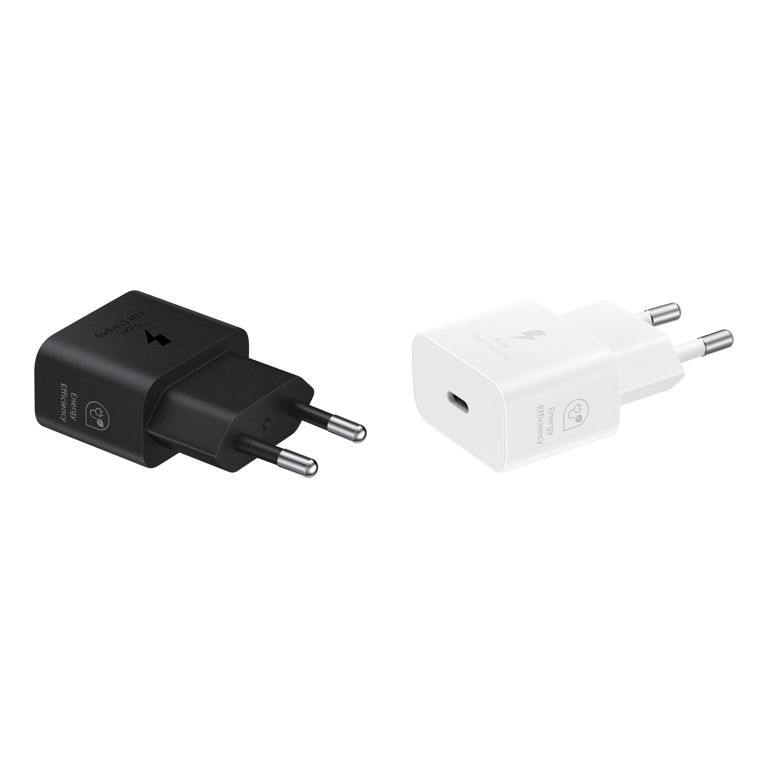 Two black and white phone chargers with prongs, white background.