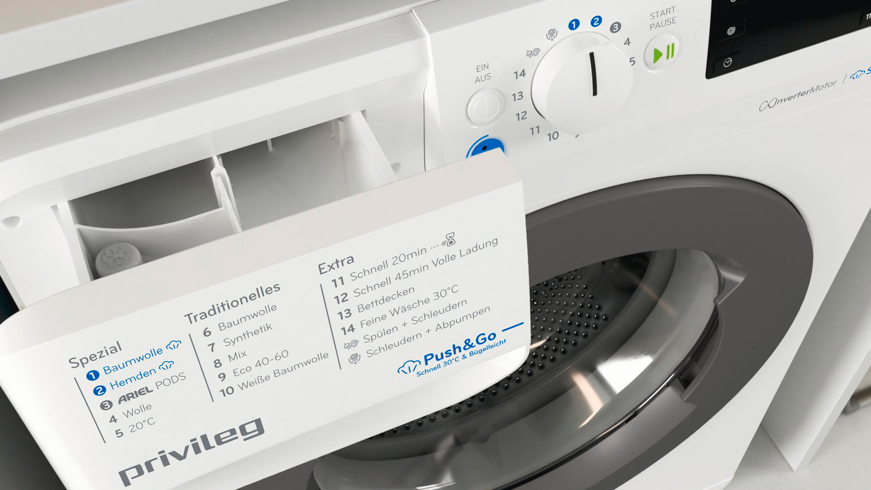Waschmaschine mit geöffneter Waschmittelschublade, Programmen und Einstellungen.