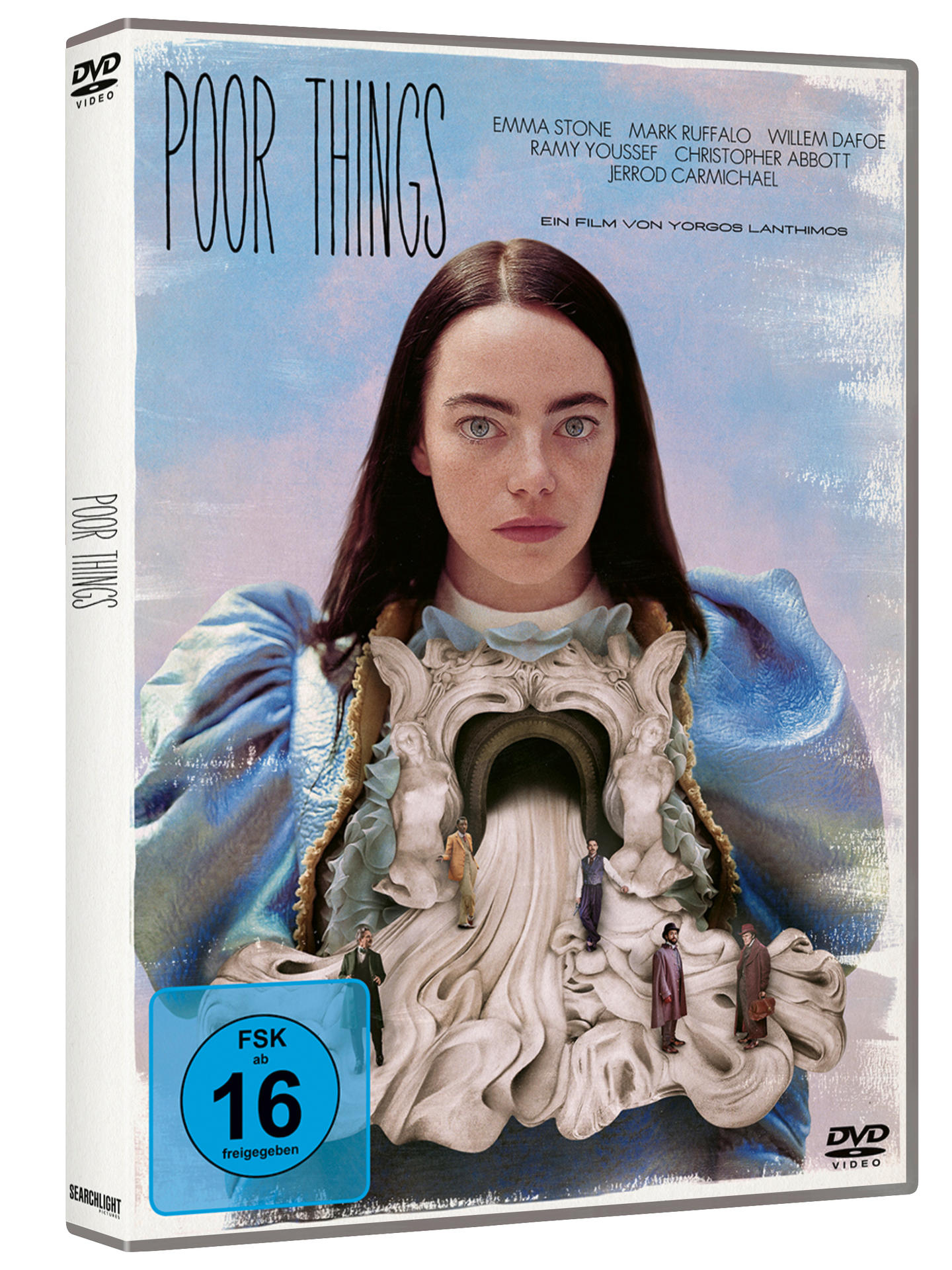 Filmplakat des Films Poor Things mit Emma Stone. Die DVD-Hülle ist sichtbar.