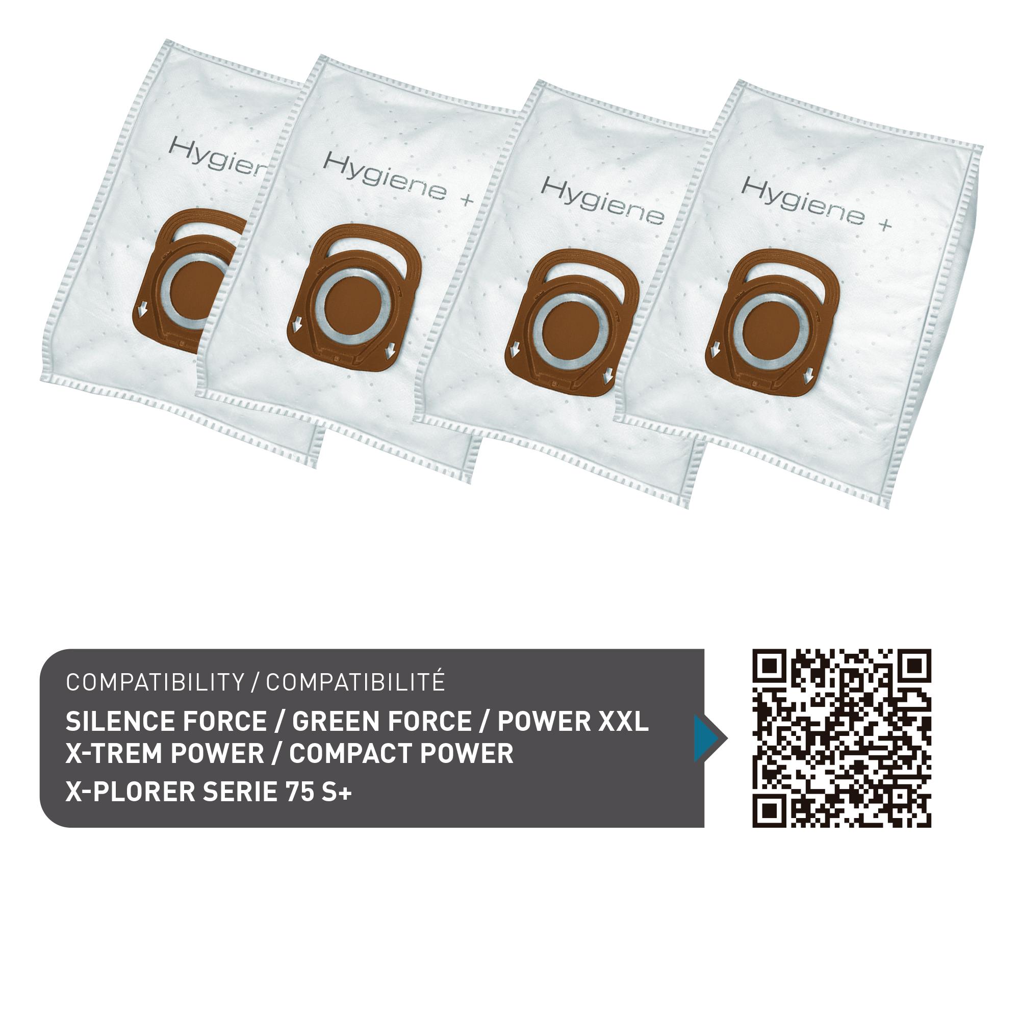 Cuatro bolsas de aspiradora, con logotipo de marca y código QR.