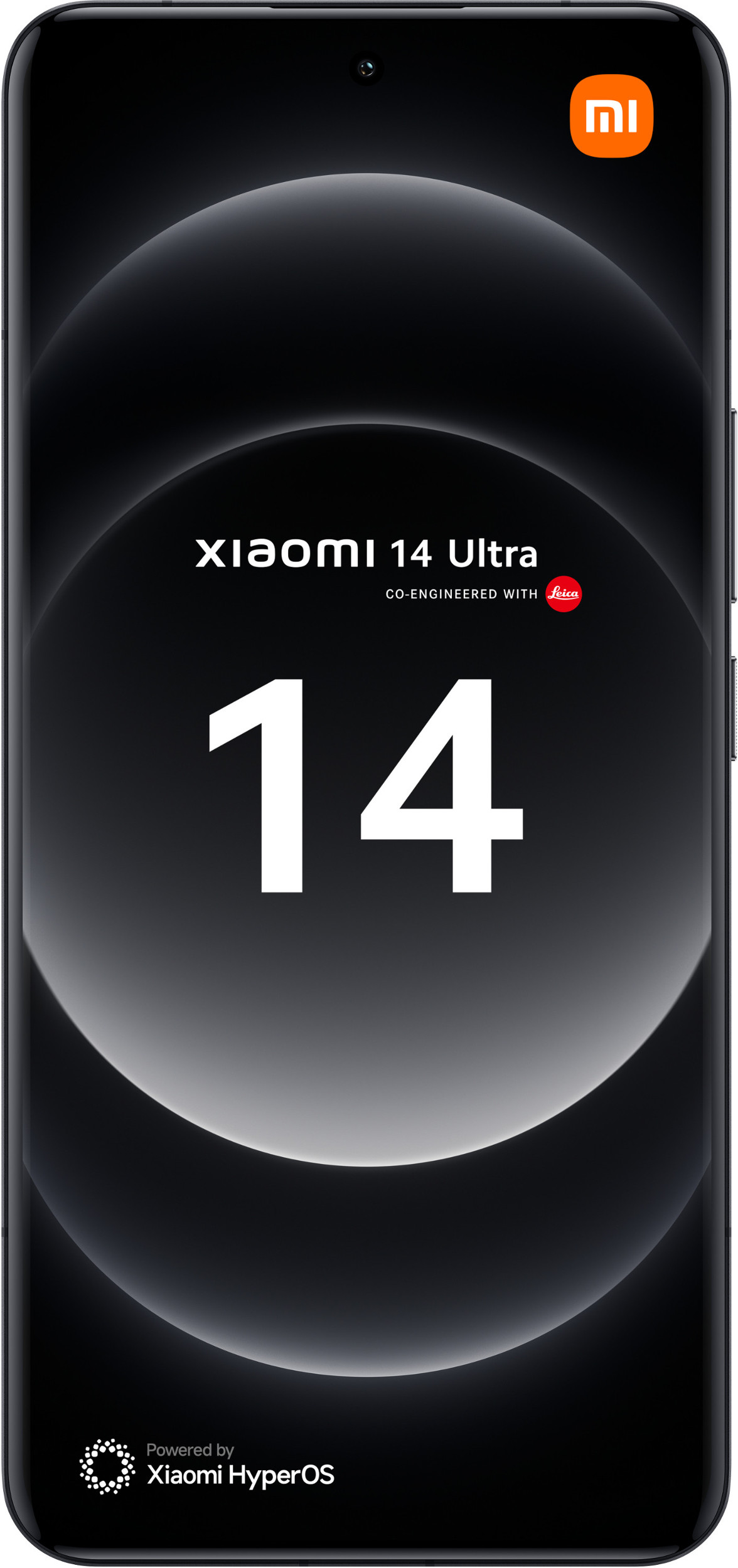 Czarny telefon Xiaomi 14 Ultra, wyświetlający nazwę i logo telefonu.