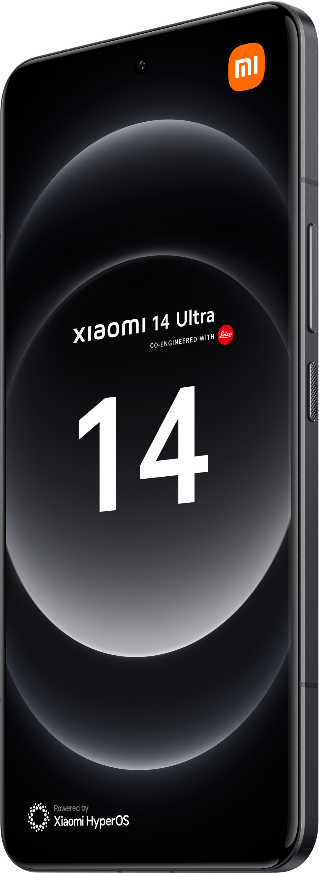 Czarny telefon Xiaomi 14 Ultra. Ekran wyświetla tekst.