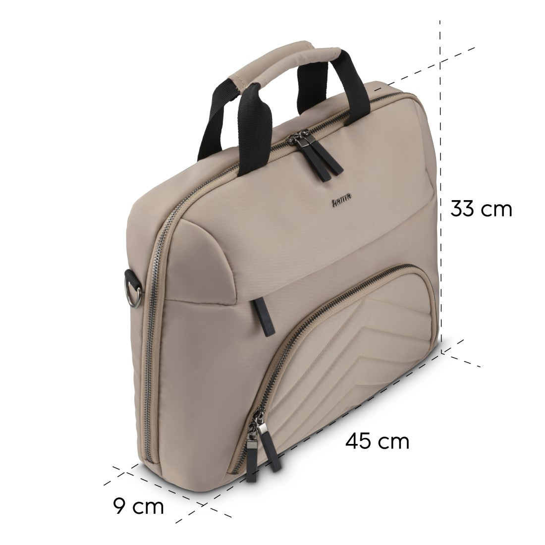 Eine beige Laptoptasche mit Reißverschlüssen und einem Griff. Abmessungen sind mit Pfeilen angegeben.