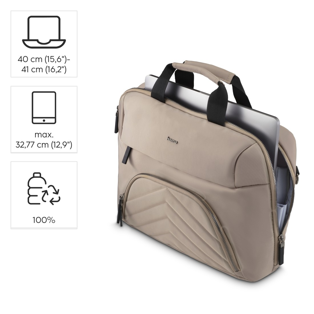 Beige Laptoptasche mit Laptop, Icons für Maße und Recycling.