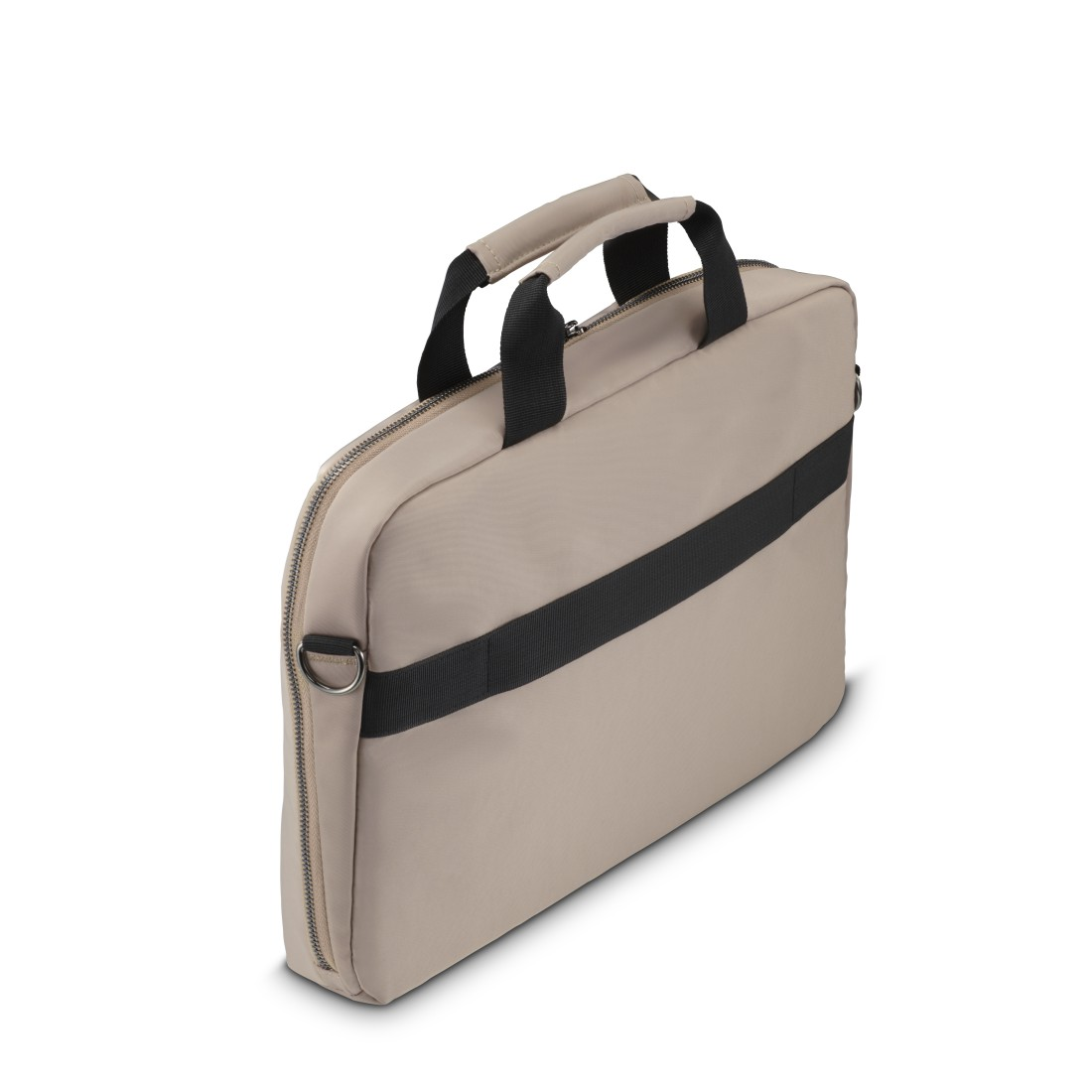 Beige Laptoptasche mit schwarzem Streifen und Griffen, Seitenansicht.