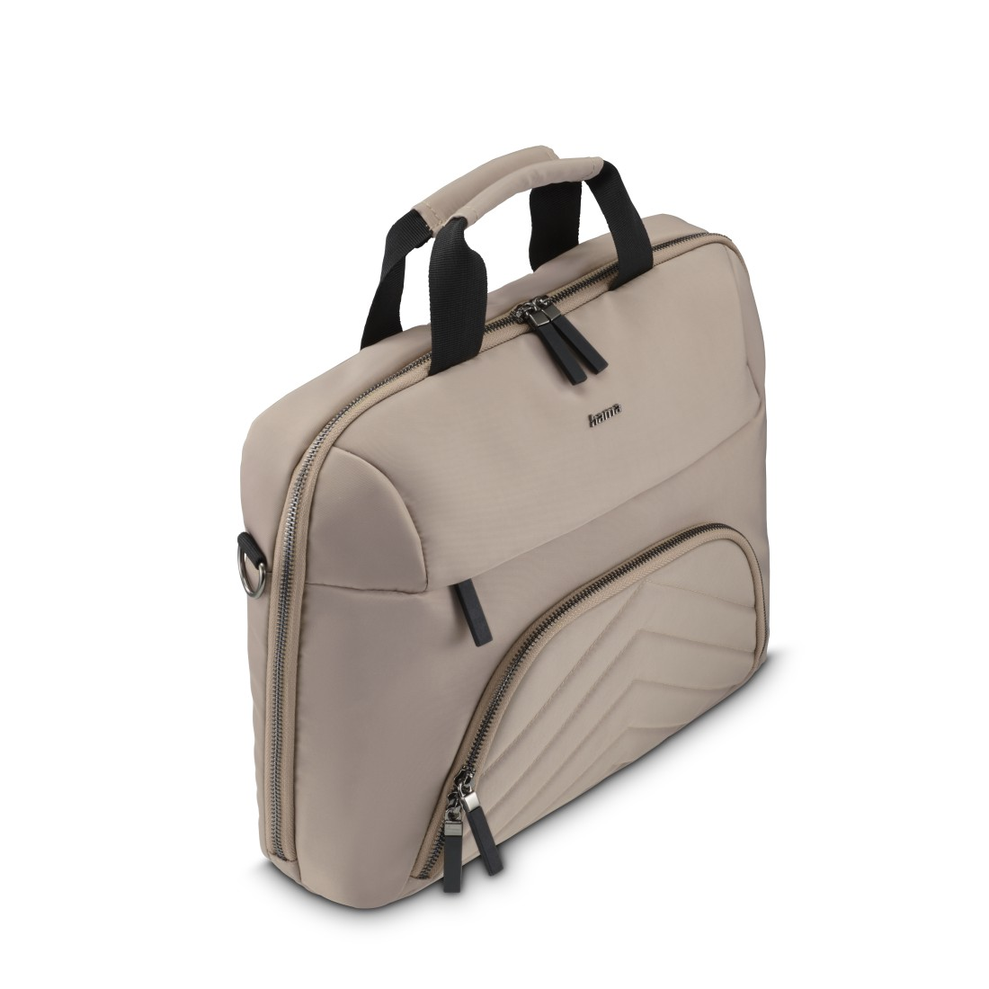 Beige Laptoptasche mit Griffen, Reißverschlüssen und Schultergurt, auf Weiß.