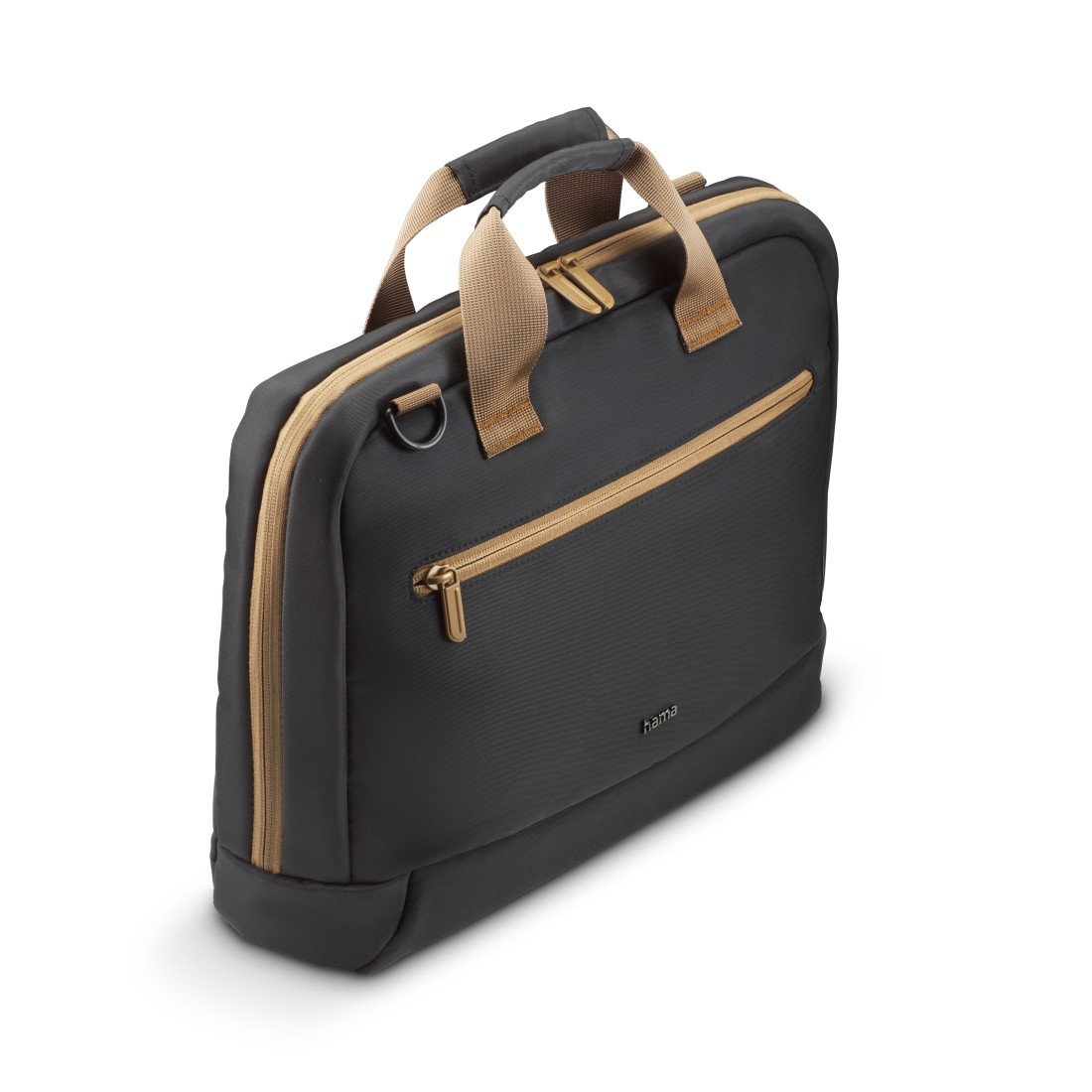 Eine schwarze Laptoptasche mit beigem Griff und Reißverschluss, mit dem Markennamen 'hama'.