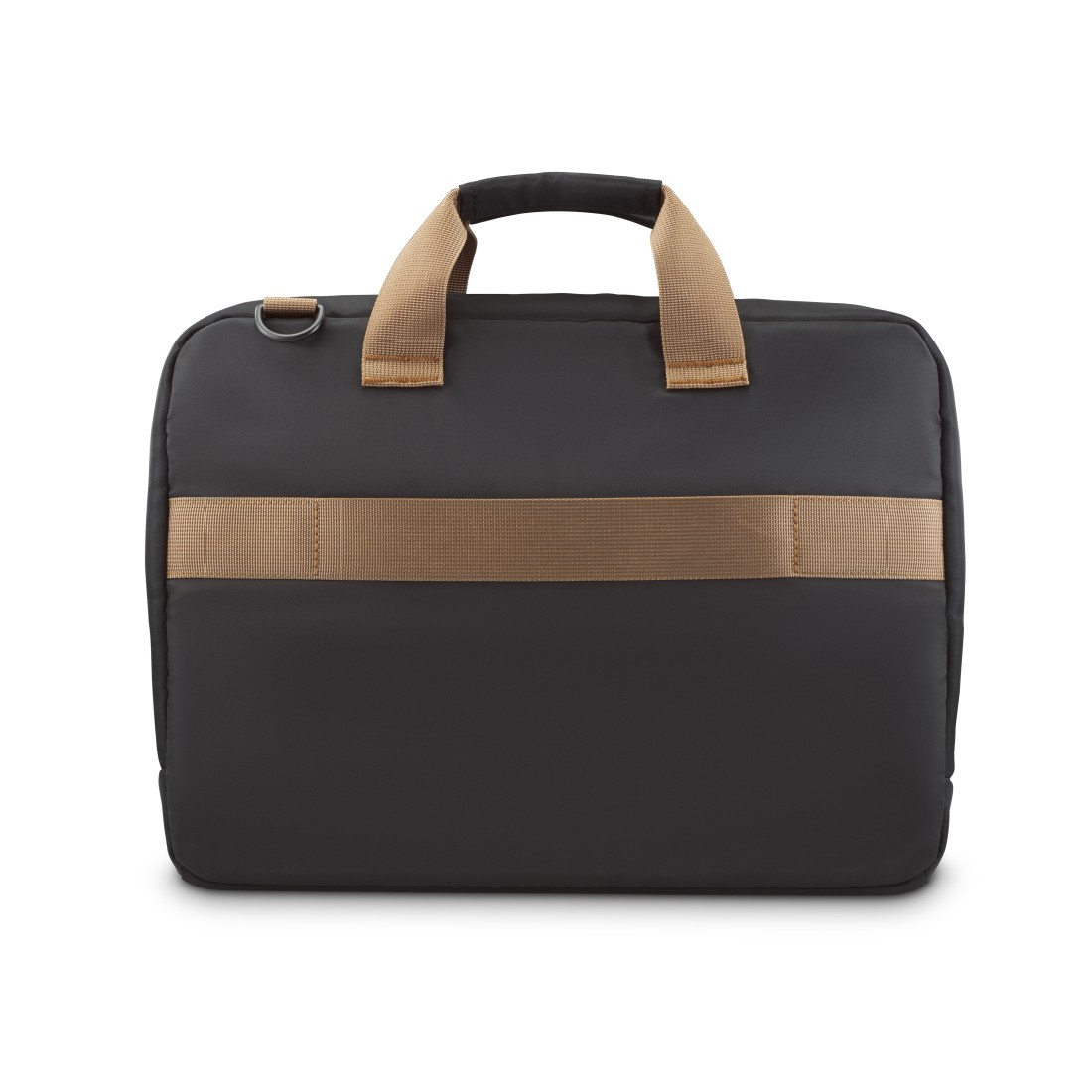 Schwarze Laptoptasche mit braunem Streifen in der Mitte und braunen Griffen.