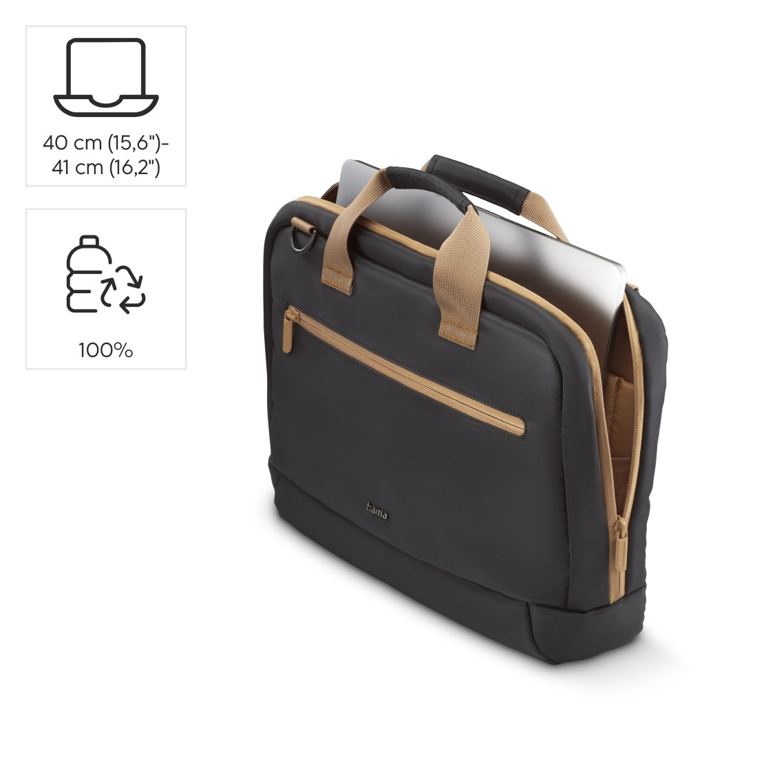 Schwarze Laptoptasche mit Laptop, auf weißer Oberfläche.