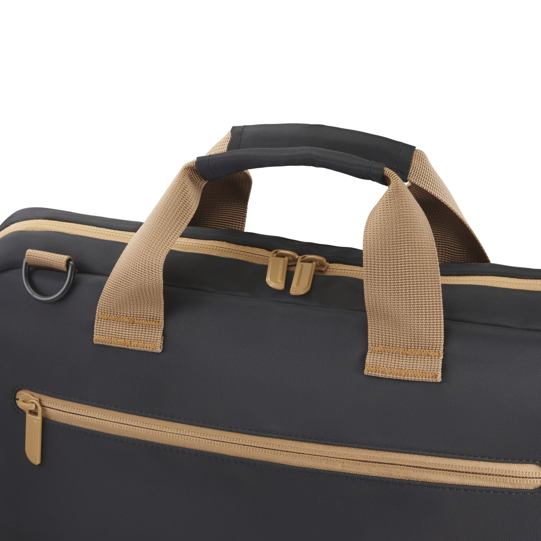 Schwarze und beige Laptoptasche mit Griffen und Reißverschlüssen.