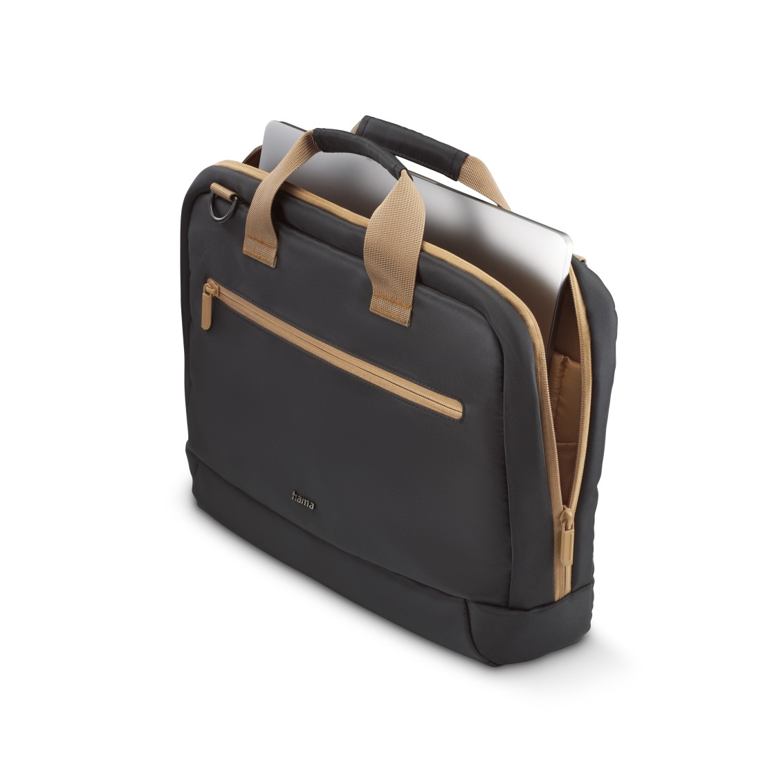 Eine schwarze und beige Laptop-Tasche ist offen und zeigt einen Laptop. Tasche hat Griff und Reißverschluss.