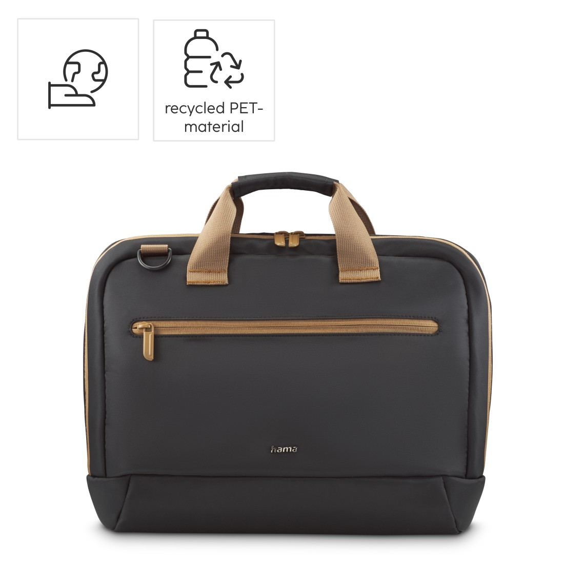 Eine schwarze und beige Laptoptasche mit Griff. Symbole eines Globus und eines Recycling-Symbols.