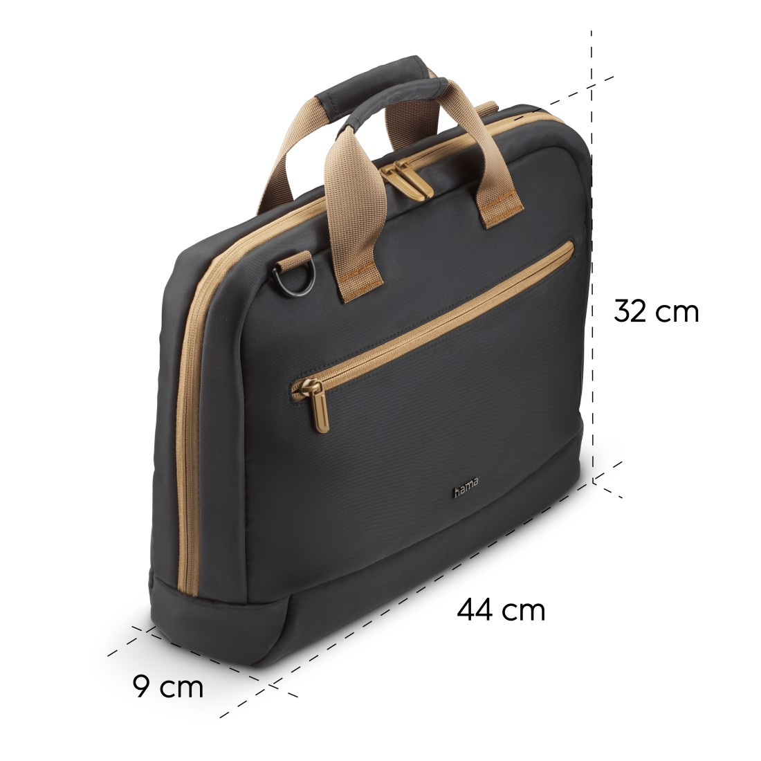 Schwarze und beige Laptoptasche mit Griff, Abmessungen sind angegeben. Der Markenname ist sichtbar.