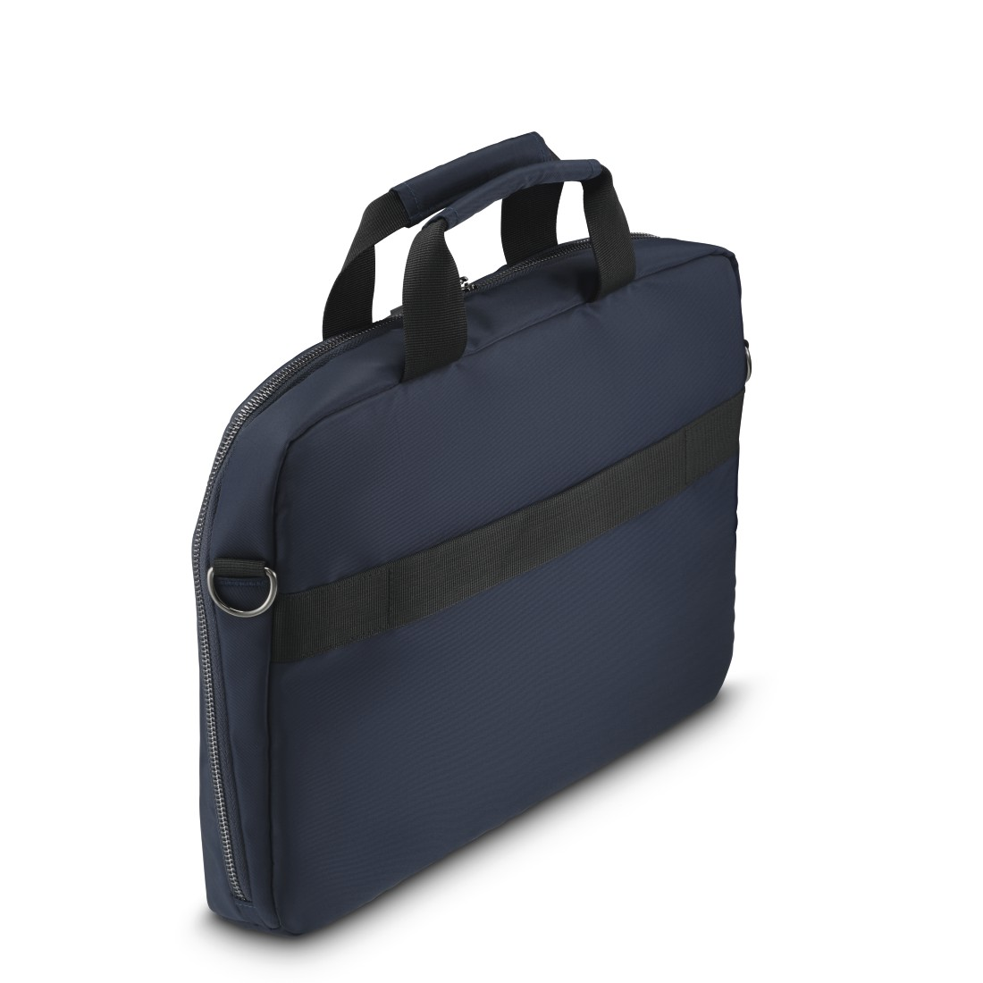 Blaue Laptoptasche mit schwarzem Riemen und Griff, aus einem Winkel betrachtet.