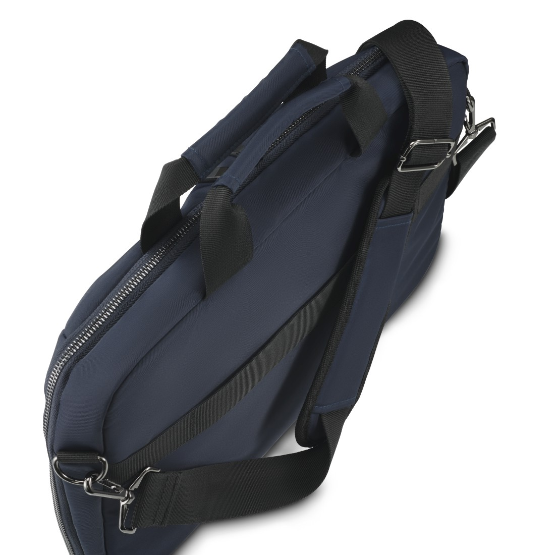 Eine marineblaue Laptoptasche mit schwarzen Riemen und Reißverschlüssen. Die Tasche wird von oben gesehen.