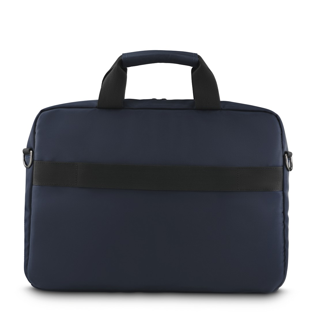 Eine marineblaue Laptoptasche mit einem schwarzen Riemen und Griff. Die Tasche ist schlicht und hat ein einfaches Design.