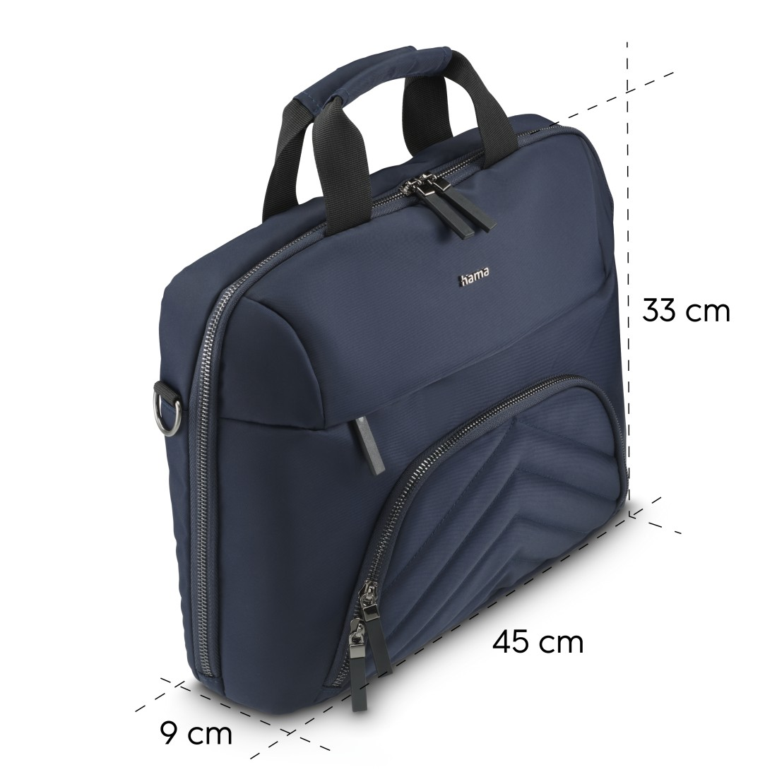 Marineblaue Laptoptasche mit Griff, Fronttasche und den Maßen 45x33x9 cm.