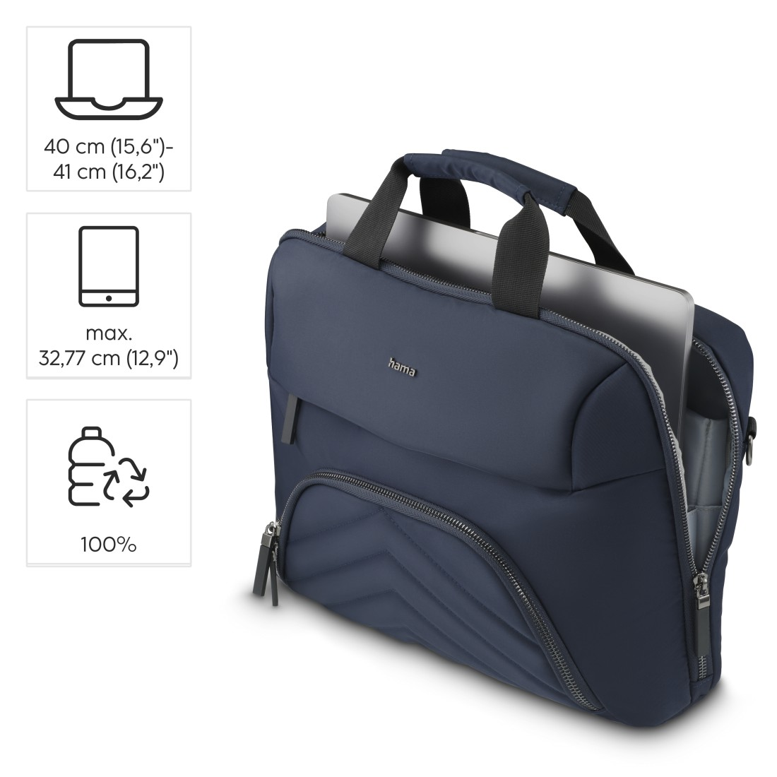 Eine marineblaue Laptoptasche mit Symbolen für Abmessungen und Recycling. Sie hat einen Reißverschluss.