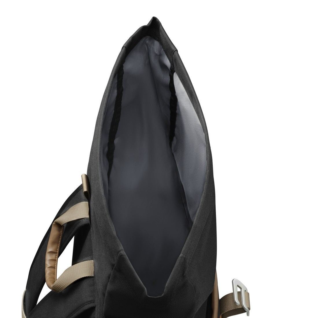 Die offene Oberseite eines schwarzen Rucksacks, die den dunklen Innenraum und die Träger mit einem braunen Griff zeigt.
