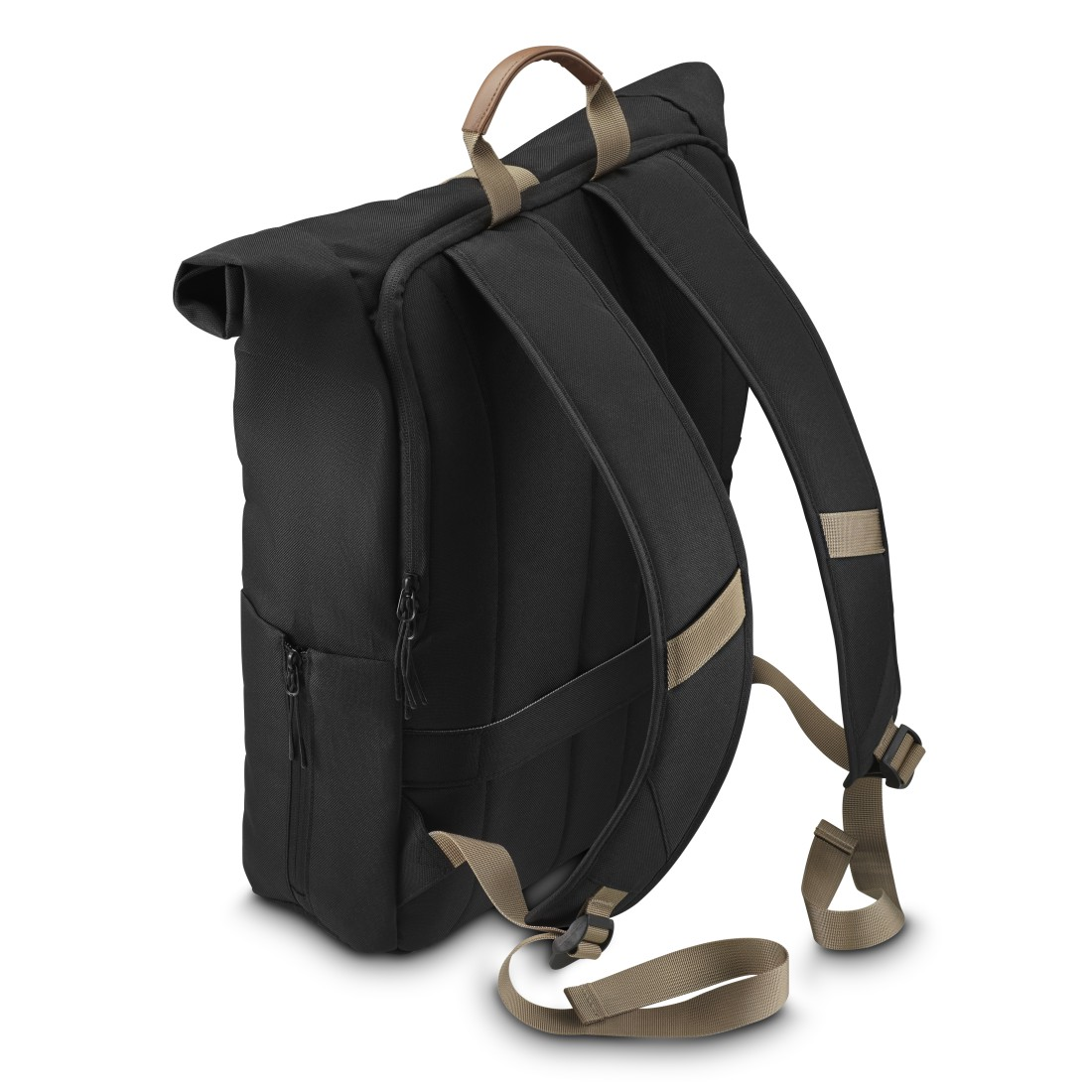 Ein schwarzer Rucksack mit braunen Riemen. Es ist ein Roll-Top-Stil.