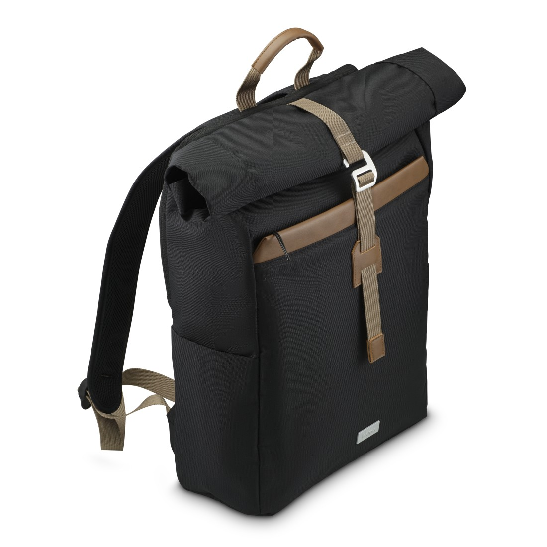 Schwarzer Rucksack mit Rollverschluss und braunen Lederakzenten.