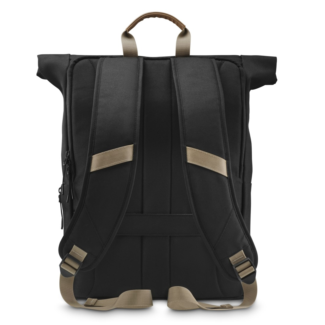Schwarzer Rucksack, Rückansicht. Zwei Schultergurte, brauner Griff. Hellbraune Gurte und Schnallen.