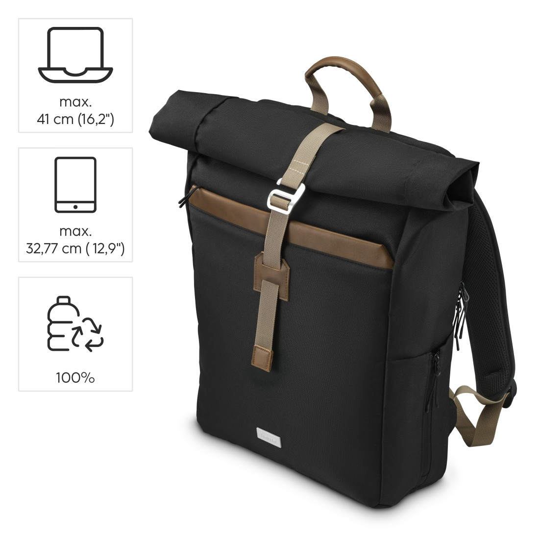 Ein schwarzer Rucksack mit einer braunen Lederklappe, mit Symbolen für Laptop- und Tablet-Größe.
