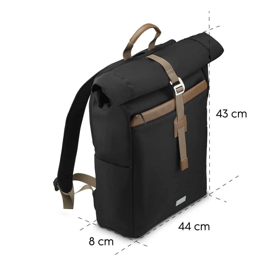 Schwarzer Rucksack mit braunen Akzenten, Seitentaschen, Maße werden gezeigt.