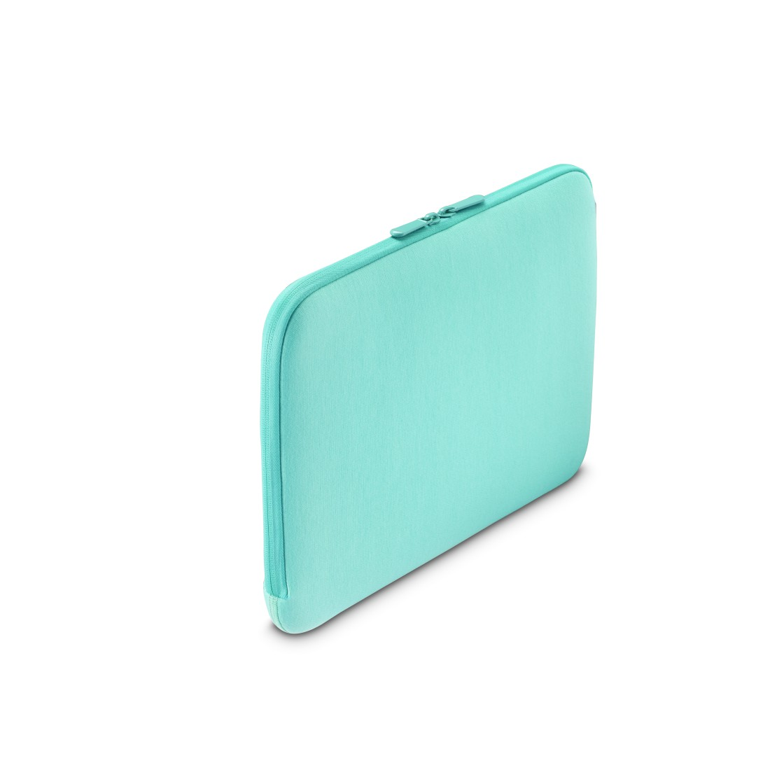 Türkisfarbene Laptoptasche. Die Tasche ist mit einem Reißverschluss verschlossen.