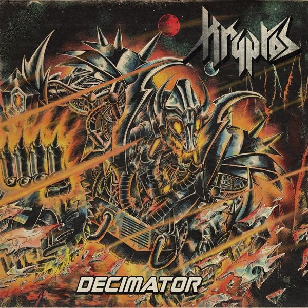 Albumcover für Kryptos' Decimator, mit einem metallischen Cyborg und einem roten Planeten.