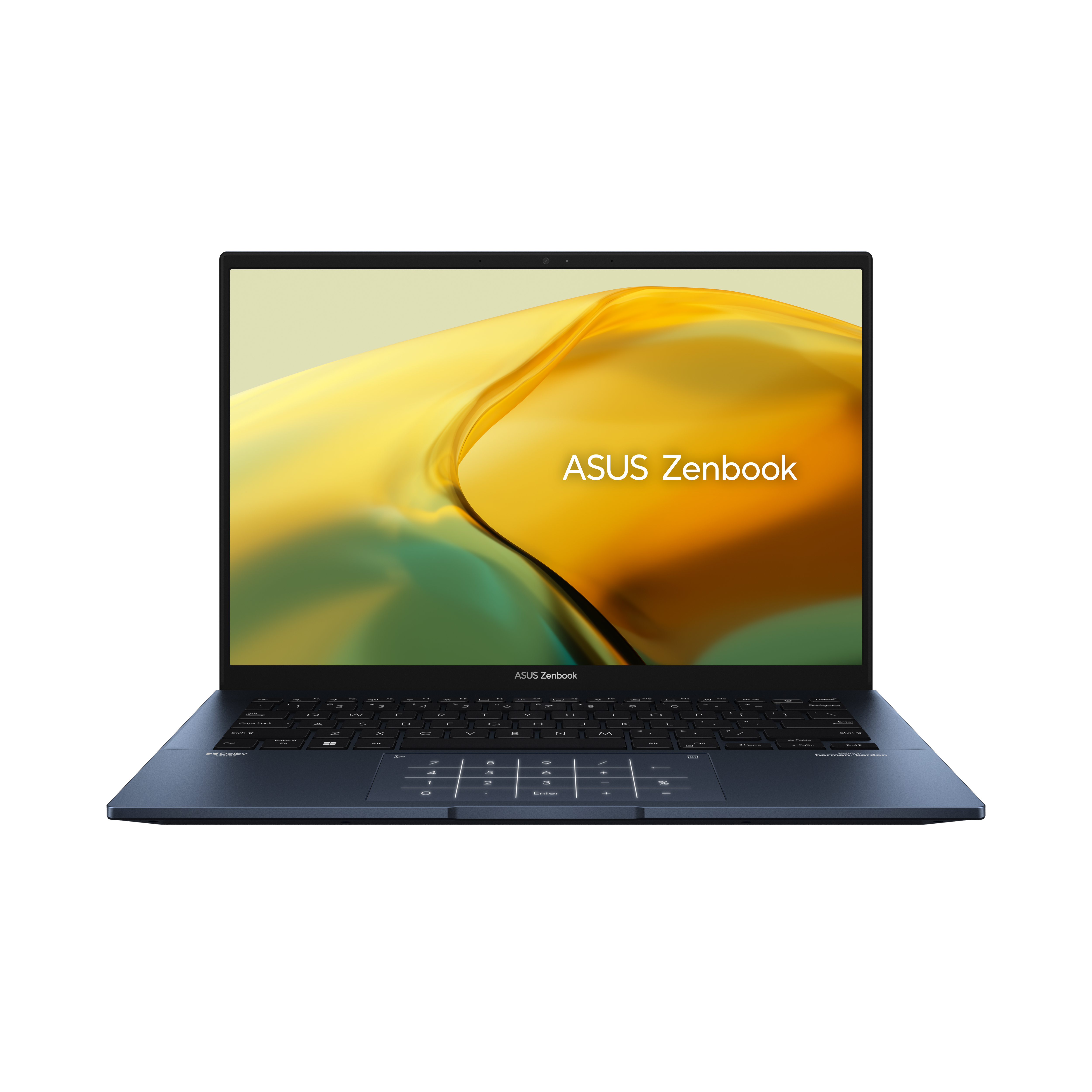 Mavi Asus Zenbook dizüstü bilgisayar, açık, sarı degrade ekran gösteriyor.