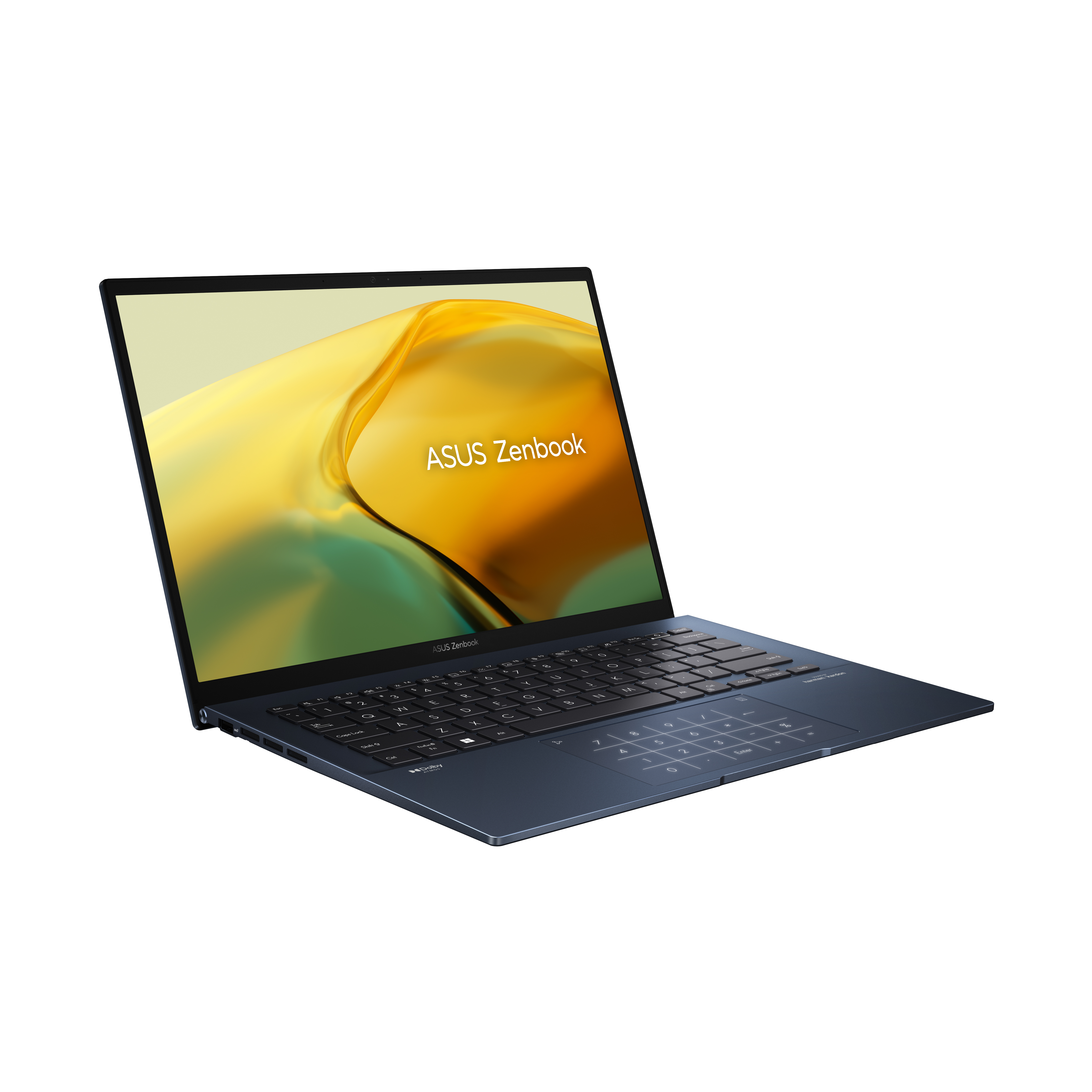 Beyaz yüzeyde açık mavi Asus Zenbook dizüstü bilgisayar.