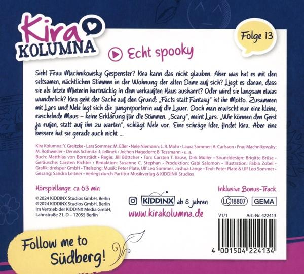 Kira Kolumna Podcast-Cover mit Text, einem gruseligen Thema und einem Logo.