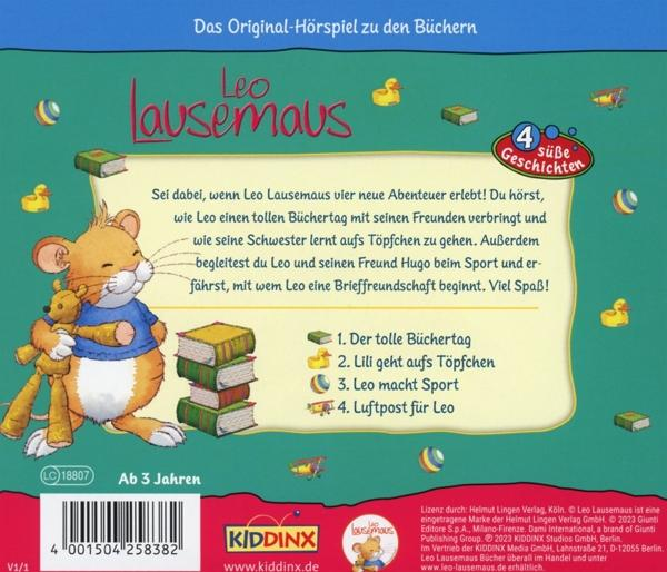 Rückseite eines Kinderhörbuchs mit einer Cartoon-Maus und einem Stapel Bücher.