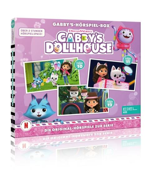 Gabby's Dollhouse Box-Set mit Zeichentrickfiguren aus der Serie. Pink mit Bildern der Show.