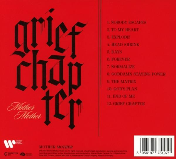 Rückseite einer CD mit rotem Hintergrund und der Titelliste des Albums 'Grief Chapter'.