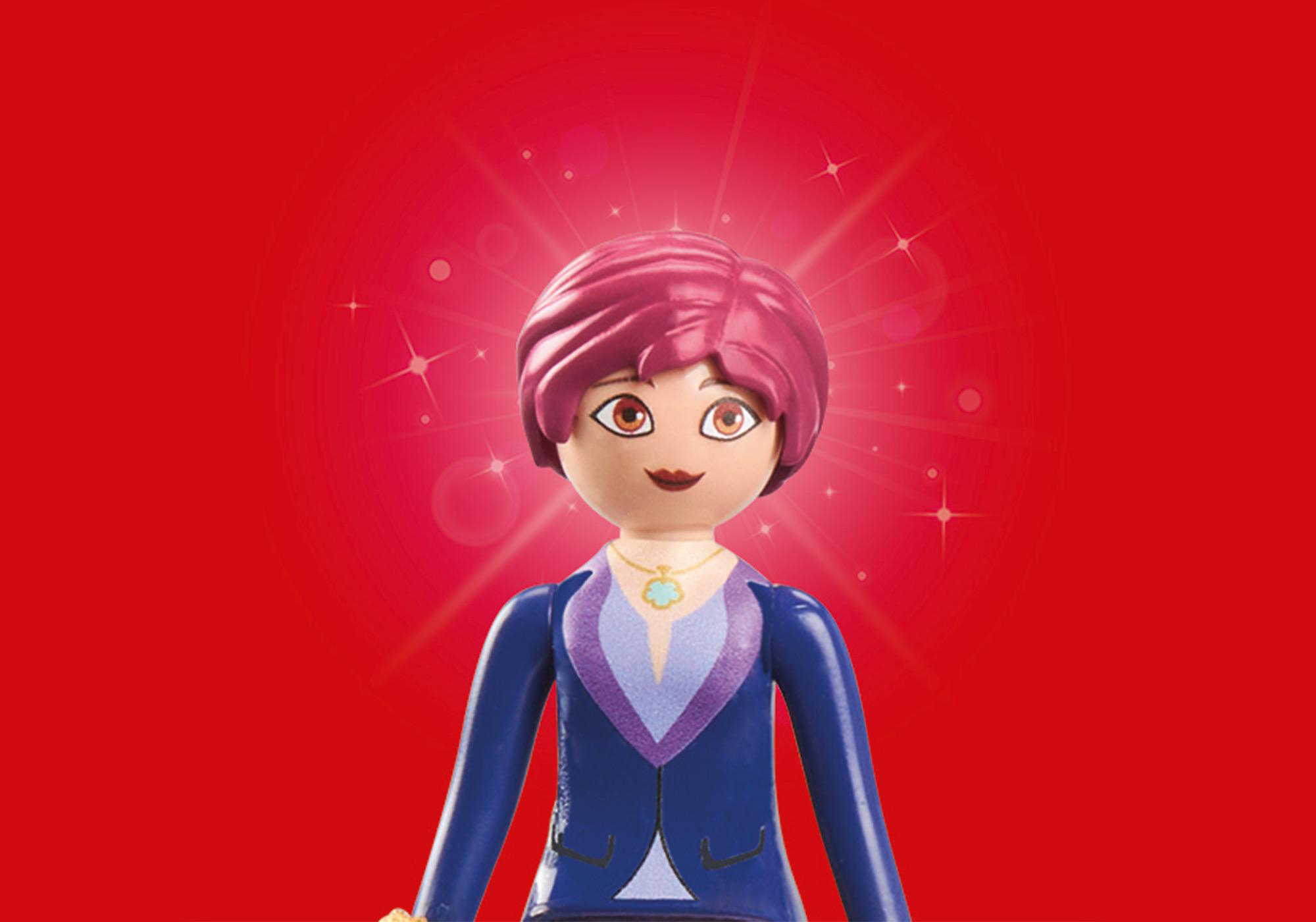 Eine Playmobil-Figur einer Frau auf rotem Hintergrund.