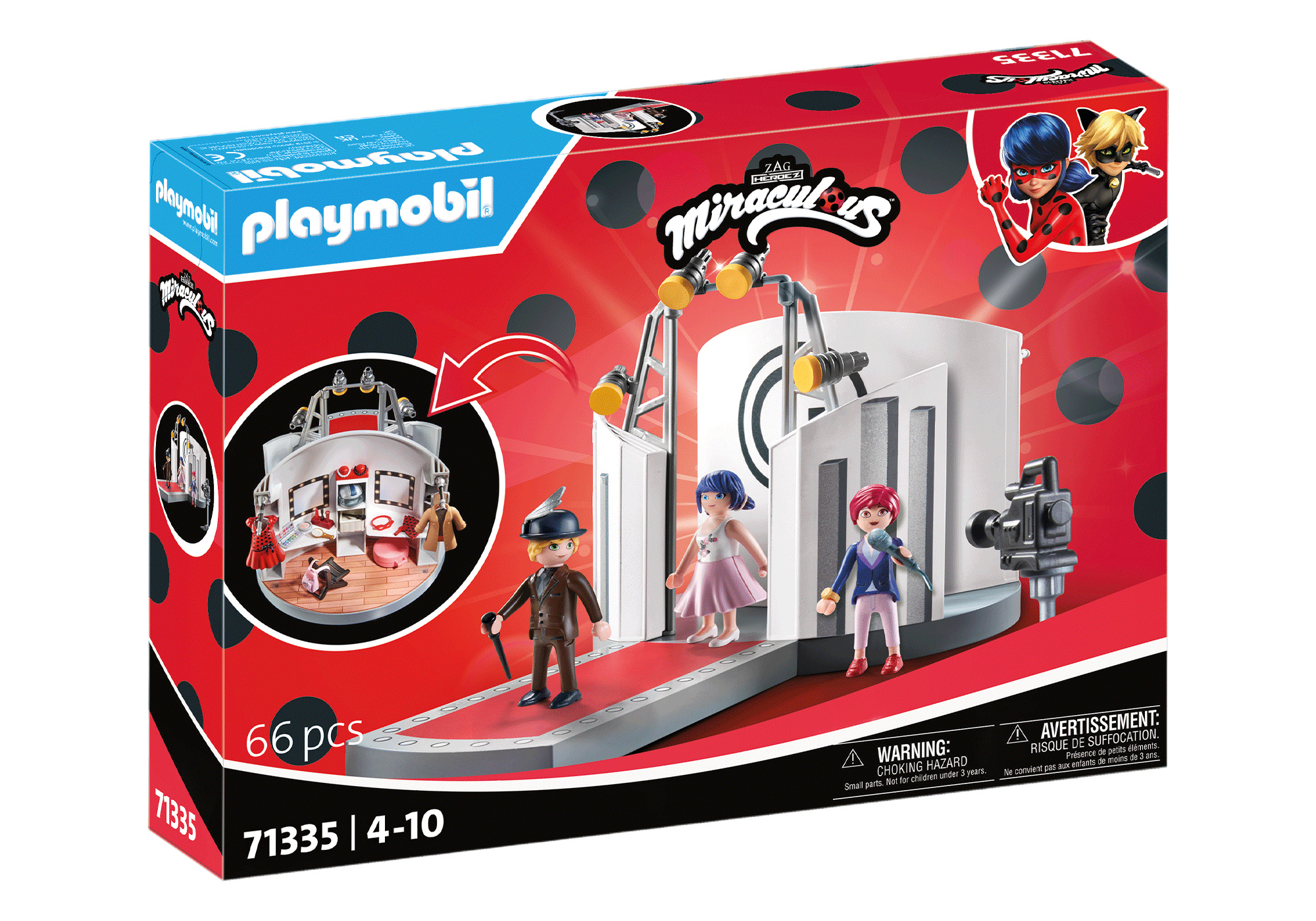 Playmobil-Box mit einem Miraculous Ladybug-Set. Enthält Figuren, eine Bühne und einen roten Teppich.