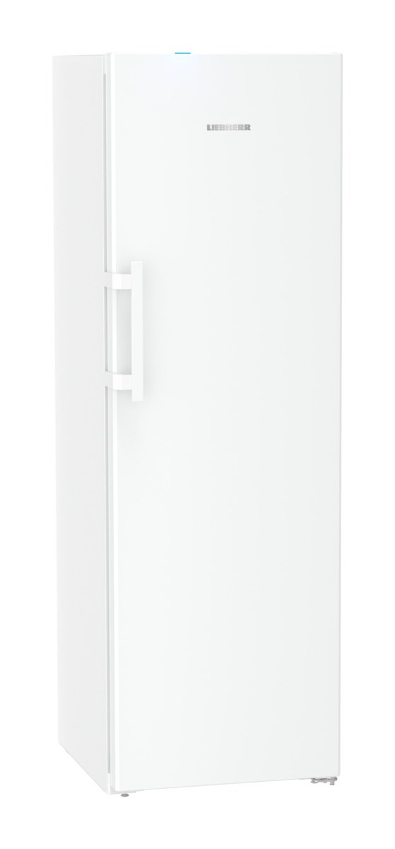 Hoher weißer Liebherr-Kühlschrank auf weißem Hintergrund.