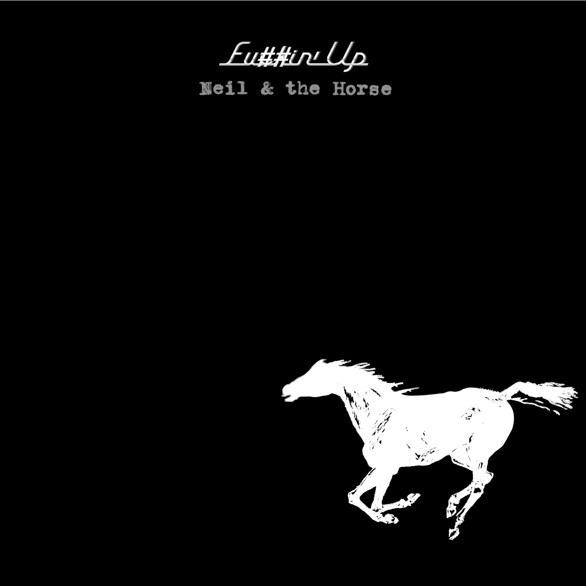 Albumcover mit weißer Pferdesilhouette, die auf schwarzem Hintergrund mit Text rennt.