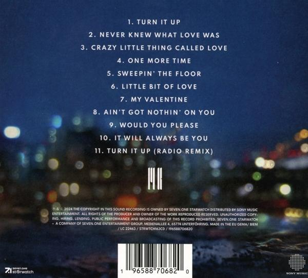 Albumcover mit Trackliste vor dunkelblauem Hintergrund, mit Stadtlandschaft.