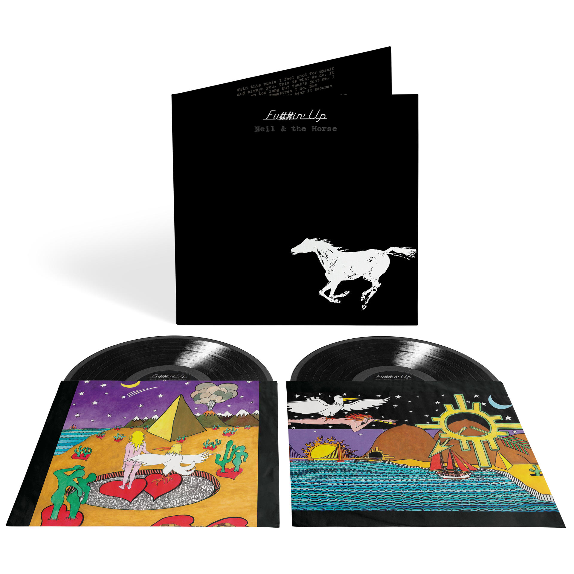 Fekete-fehér bakelit lemezalbum. A borítón egy fehér ló fut. Más borítók láthatók.